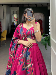 Rani Pink Floral Lehenga Choli with Foil Print & Gotta Patti Dupatta