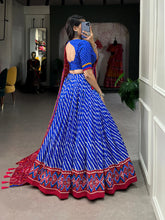 Royal Blue Tussar Silk Lehenga Choli with Leheriya Print, Patola Border & Bandhani Dupatta