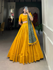 Mustard Pure Cotton Lehenga Choli Set with Purse