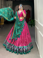 Pink Tussar Silk Lehenga Choli with Leheriya Print, Patola Border & Bandhani Dupatta