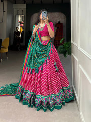 Pink Tussar Silk Lehenga Choli with Leheriya Print, Patola Border & Bandhani Dupatta