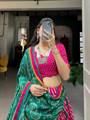 Pink Tussar Silk Lehenga Choli with Leheriya Print, Patola Border & Bandhani Dupatta