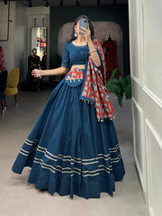 Firozi Pure Cotton Lehenga Choli Set with Purse