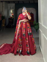 Maroon Rayon Printed Silk Lehenga Choli with Gota Patti & Cowrie Detailing