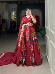 Maroon Rayon Printed Silk Lehenga Choli with Gota Patti & Cowrie Detailing
