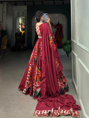 Maroon Rayon Printed Silk Lehenga Choli with Gota Patti & Cowrie Detailing