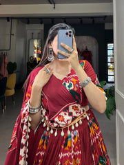 Maroon Rayon Printed Silk Lehenga Choli with Gota Patti & Cowrie Detailing