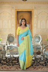 Kanjivaram Silk Yellow & Sky Blue Saree Zari Weaving Work with Blouse
