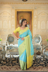 Kanjivaram Silk Yellow & Sky Blue Saree Zari Weaving Work with Blouse