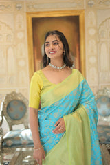 Kanjivaram Silk Yellow & Sky Blue Saree Zari Weaving Work with Blouse