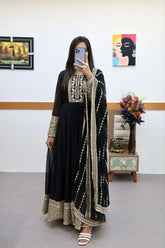 Black Gown in Faux Georgette with Embroidery Sequence Work