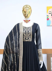 Black Gown in Faux Georgette with Embroidery Sequence Work