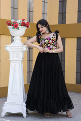 Party Wear Black Color Embroidered work Gown