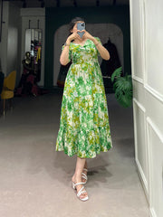Parrot Green Three-Layered Ethnic Rayon Frock with Elegant Foil Print