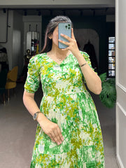 Parrot Green Three-Layered Ethnic Rayon Frock with Elegant Foil Print