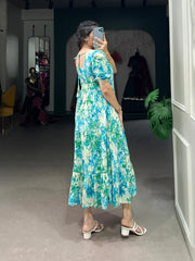 Sky Blue Three-Layered Ethnic Rayon Frock with Elegant Foil Print