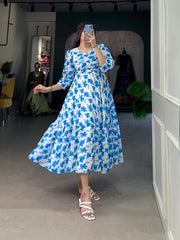 Blue Floral Georgette Frock - Elegant Spring Dress