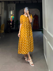 Vintage Mustard Polka Dot Georgette Long Frock
