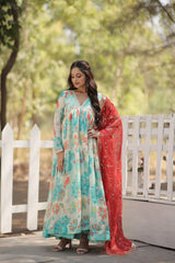 Stunning Digital Printed Russian Silk Sky Blue Dress with Embroidered Dupatta