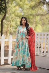 Stunning Digital Printed Russian Silk Sky Blue Dress with Embroidered Dupatta