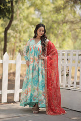 Stunning Digital Printed Russian Silk Sky Blue Dress with Embroidered Dupatta