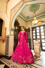 Party Wear Dark Pink Color Shibori Print With Embroidered Gown