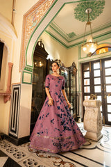 Party Wear Dusty Pink Color Shibori Print With Embroidered Gown
