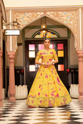 Party Wear Yellow Color Shibori Print With Embroidered Gown