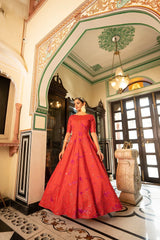 Party Wear Orange Color Shibori Print With Embroidered Gown