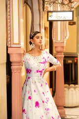 Party Wear White Color Shibori Print With Embroidered Gown