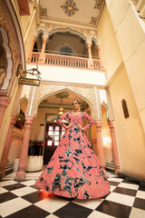 Party Wear Peach Color Shibori Print With Embroidered Gown