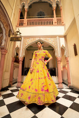 Party Wear Yellow Color Shibori Print With Embroidered Gown