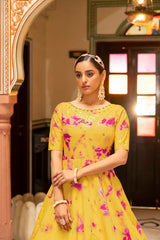 Party Wear Yellow Color Shibori Print With Embroidered Gown