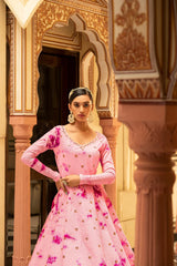Party Wear Pink Color Shibori Print With Embroidered Gown