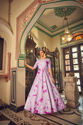 Party Wear Lavender Color Shibori Print With Embroidered Gown