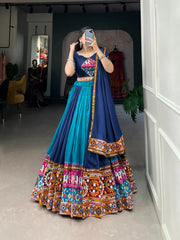 Firozi Vibrant Printed Silk Lehenga with Gamthi & Mirror Work