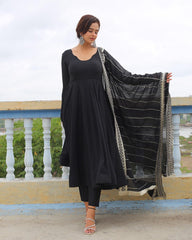 Elegant Black Anarkali Suit with Designer Neck Sequence Embroidery - Three Piece Set