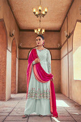 Sky Georgette Thread And Sequins Embroidered Kurta Palazzo With Dupatta