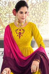 Fluorescent Green Georgette Thread And Sequins Embroidered Kurta Palazzo Set