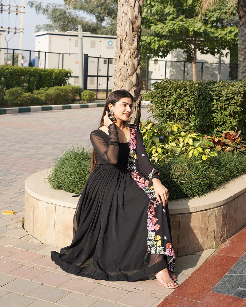 anarkali dress black colour Black Anarkali Gown in Faux Georgette with Embroidery