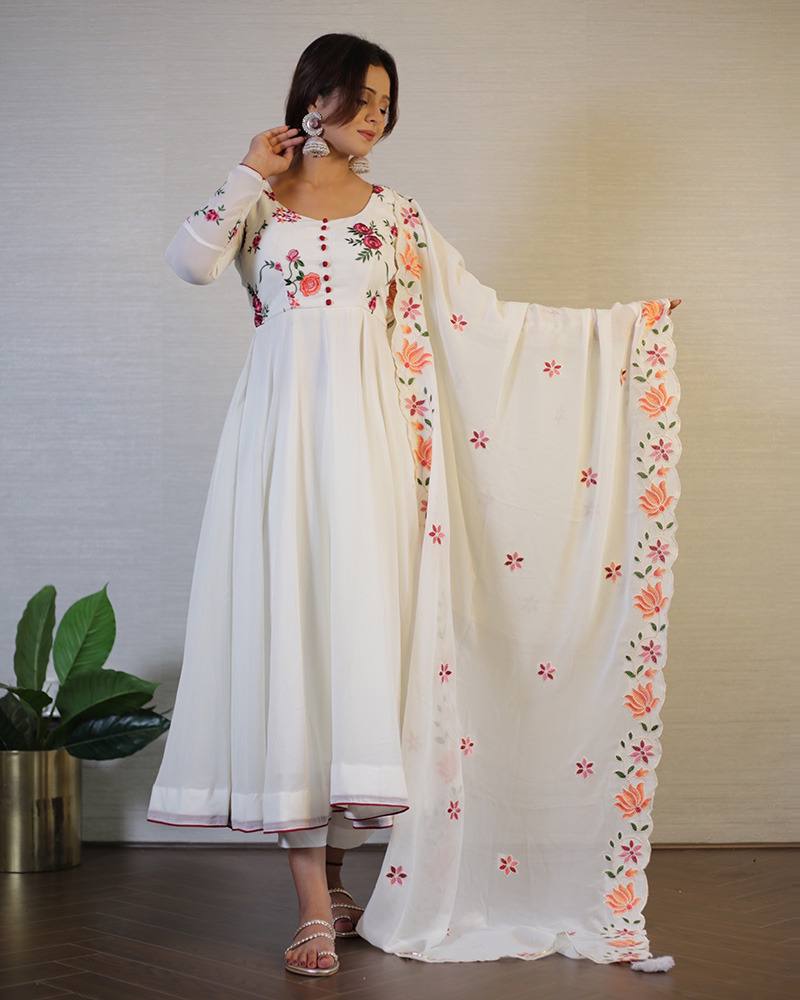 Off-White Floral Embroidered Georgette Anarkali Suit with Dupatta