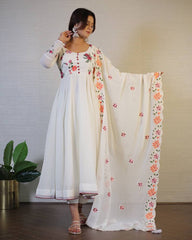 Off-White Floral Embroidered Georgette Anarkali Suit with Dupatta