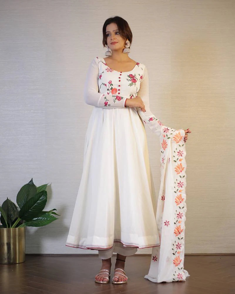 Off-White Floral Embroidered Georgette Anarkali Suit with Dupatta