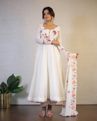 Off-White Floral Embroidered Georgette Anarkali Suit with Dupatta