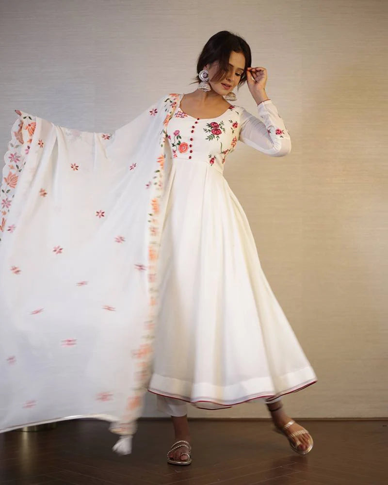 Off-White Floral Embroidered Georgette Anarkali Suit with Dupatta