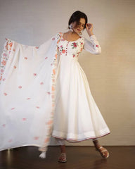 Off-White Floral Embroidered Georgette Anarkali Suit with Dupatta