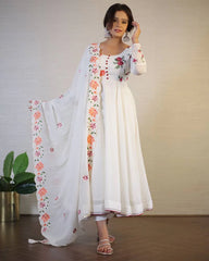 Off-White Floral Embroidered Georgette Anarkali Suit with Dupatta