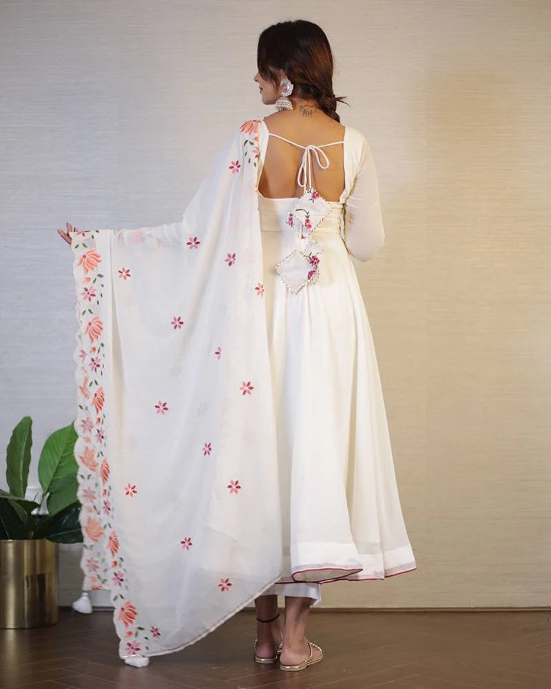 Off-White Floral Embroidered Georgette Anarkali Suit with Dupatta