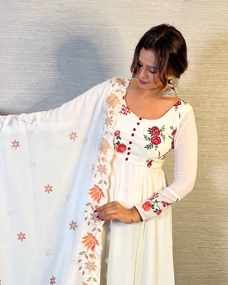 Off-White Floral Embroidered Georgette Anarkali Suit with Dupatta