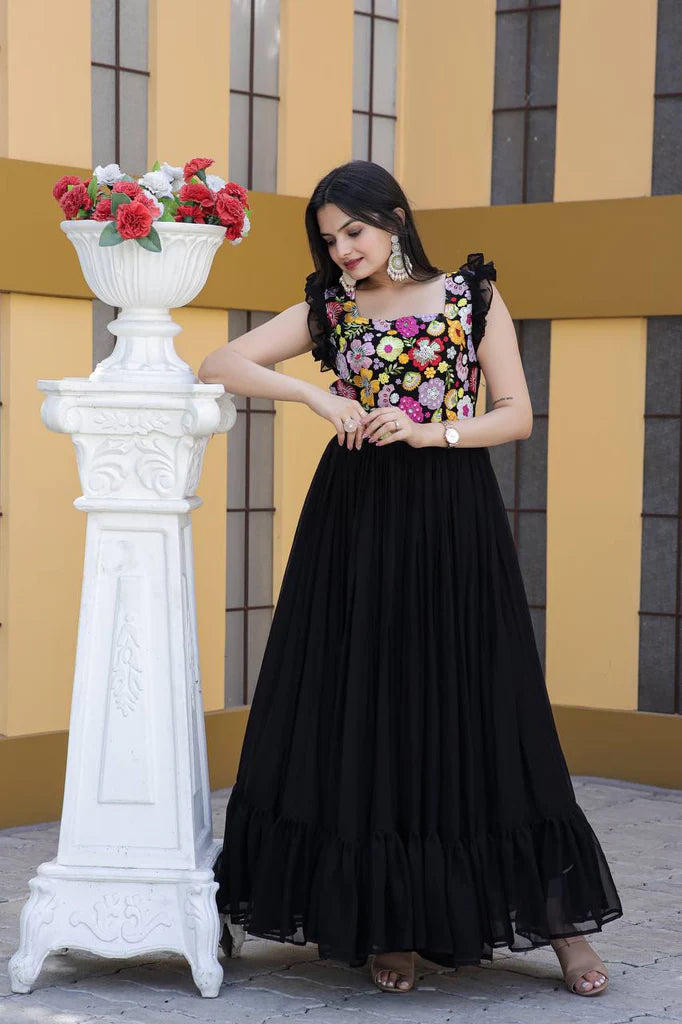 Party Wear Black Color Embroidered work Gown